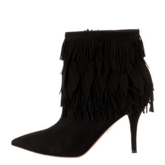 Aquazzura Black Suede Fringe Ankle Booties - Picture 2 of 10